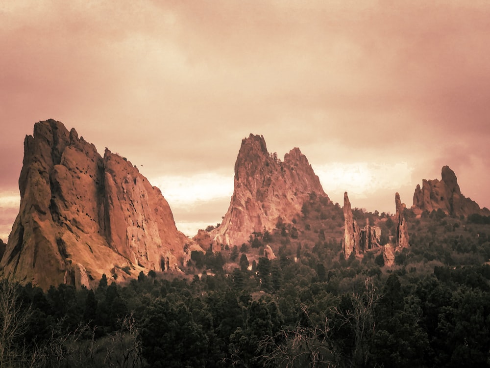 a mountain range with trees and rocks under a cloudy sky
