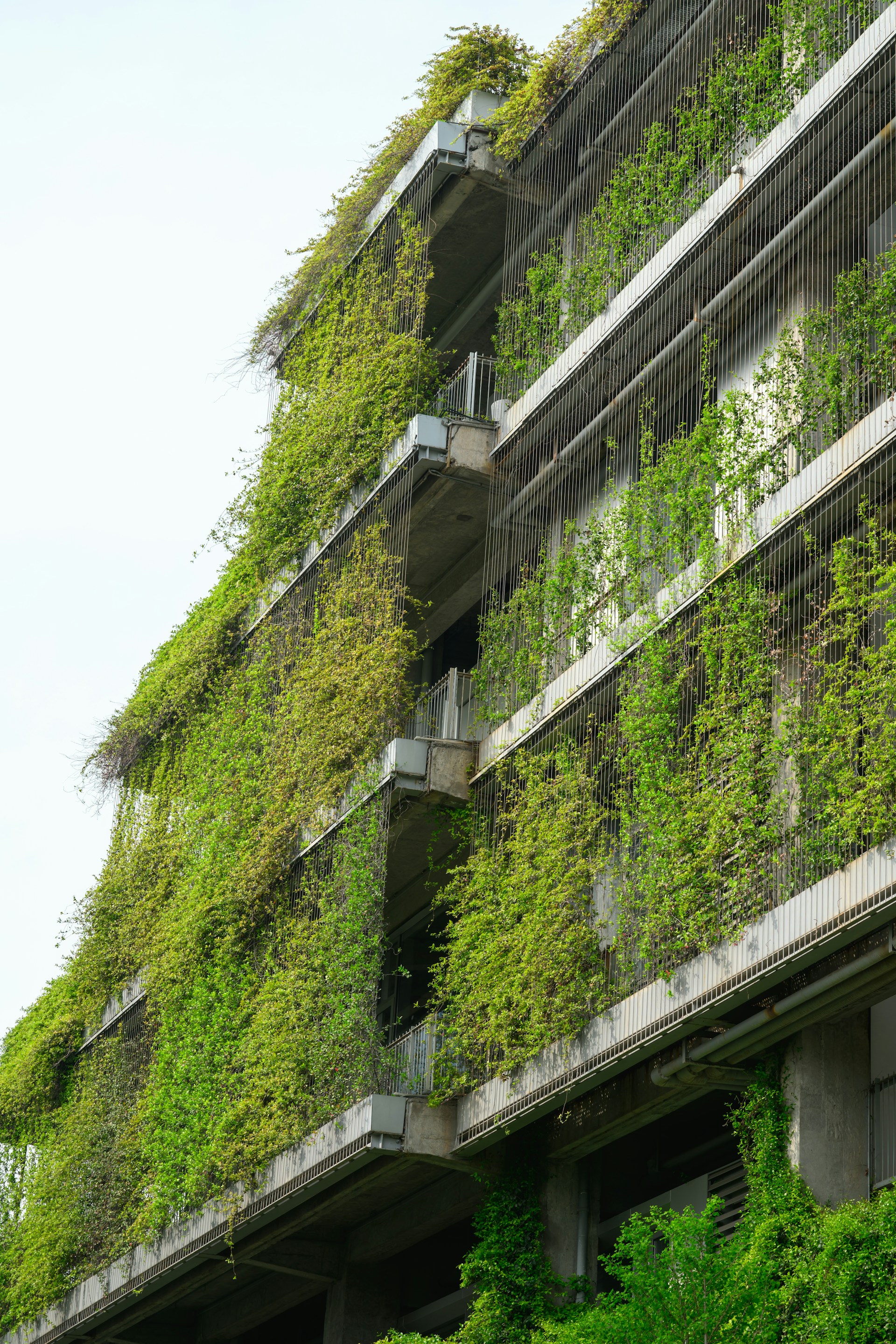 a very tall building covered in lots of green plants