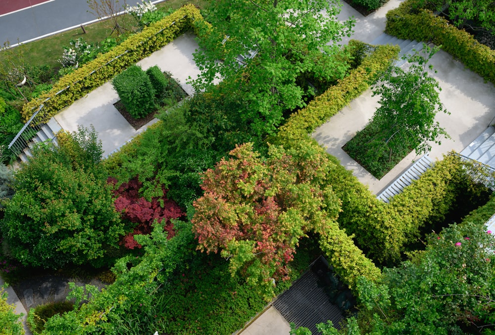 an aerial view of a park with a lot of trees