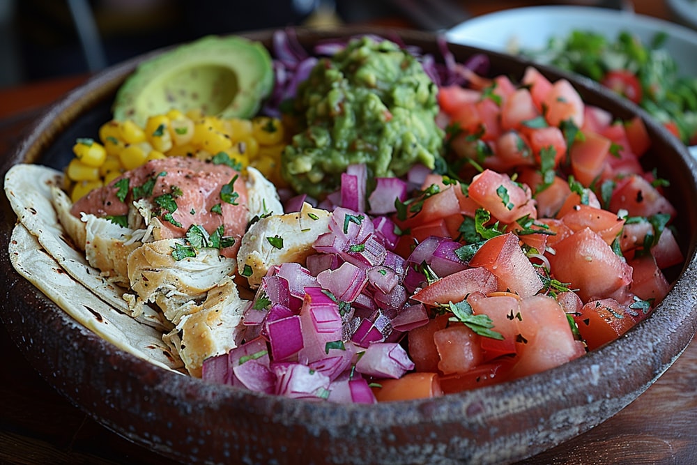 a wooden bowl filled with different types of food