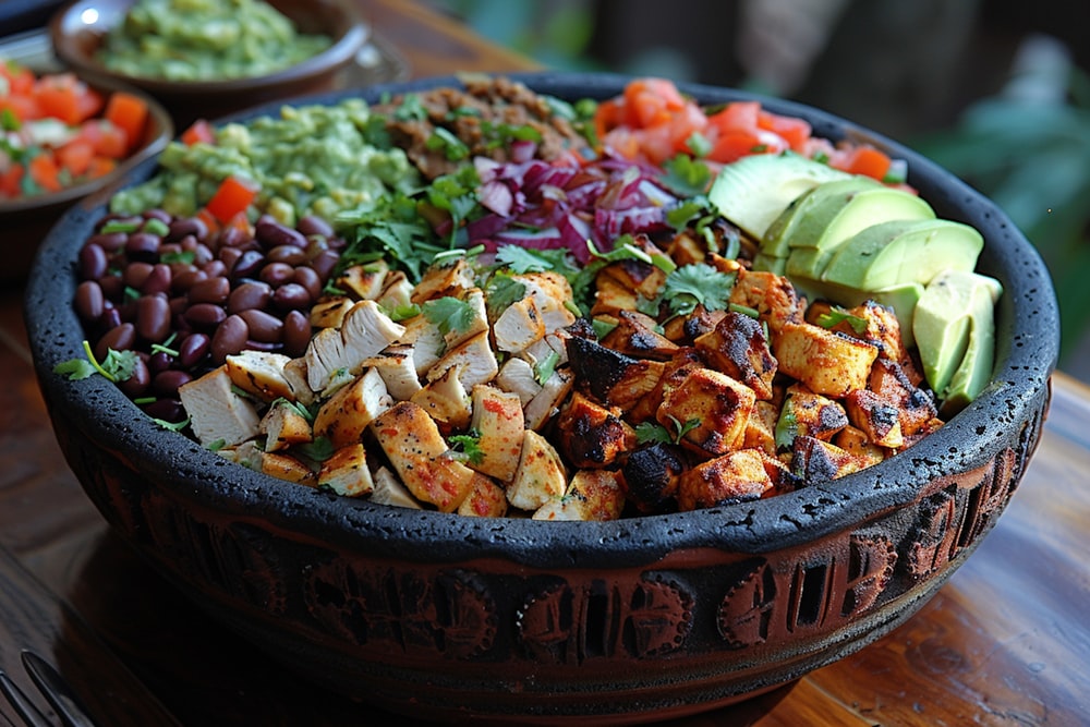 a bowl of food on a wooden table