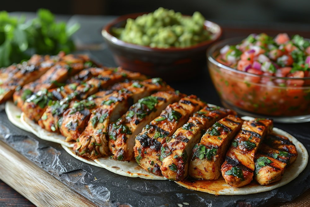 a platter of grilled chicken with salsa and guacamole