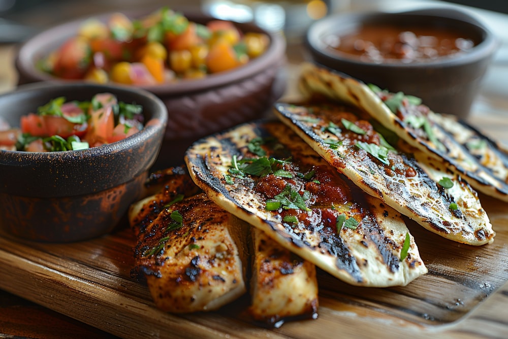 a wooden cutting board topped with lots of food