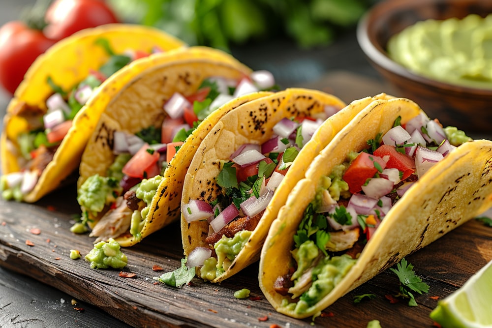 cinque tacos su un tagliere con una ciotola di guacamole e