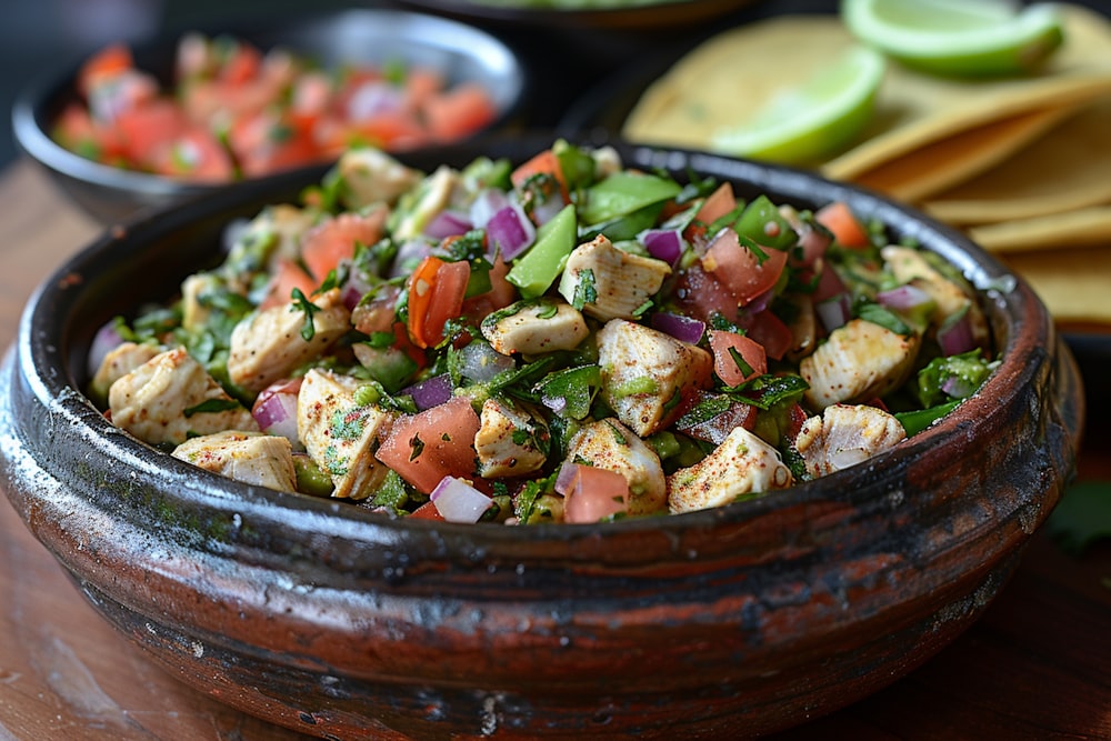 a wooden bowl filled with food on top of a table