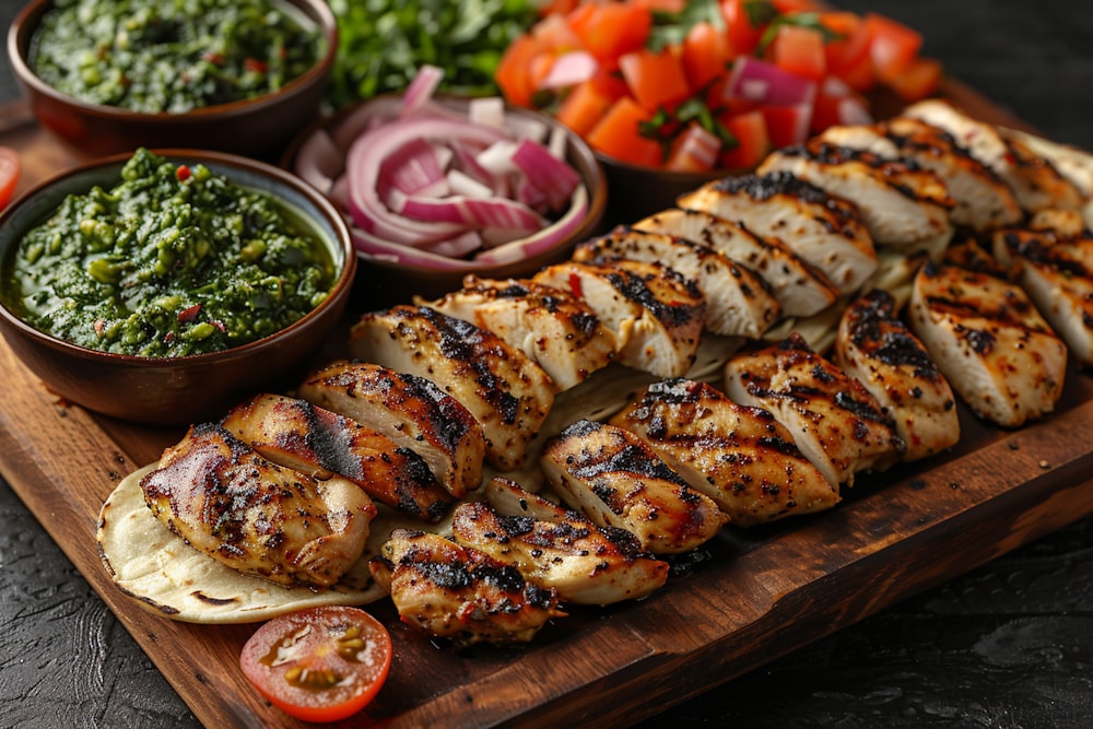 a wooden cutting board topped with chicken and veggies