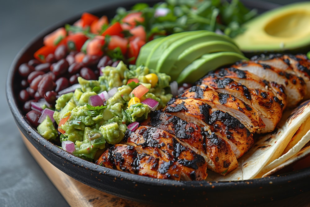 a bowl of food with meat, beans, avocado, and guaca