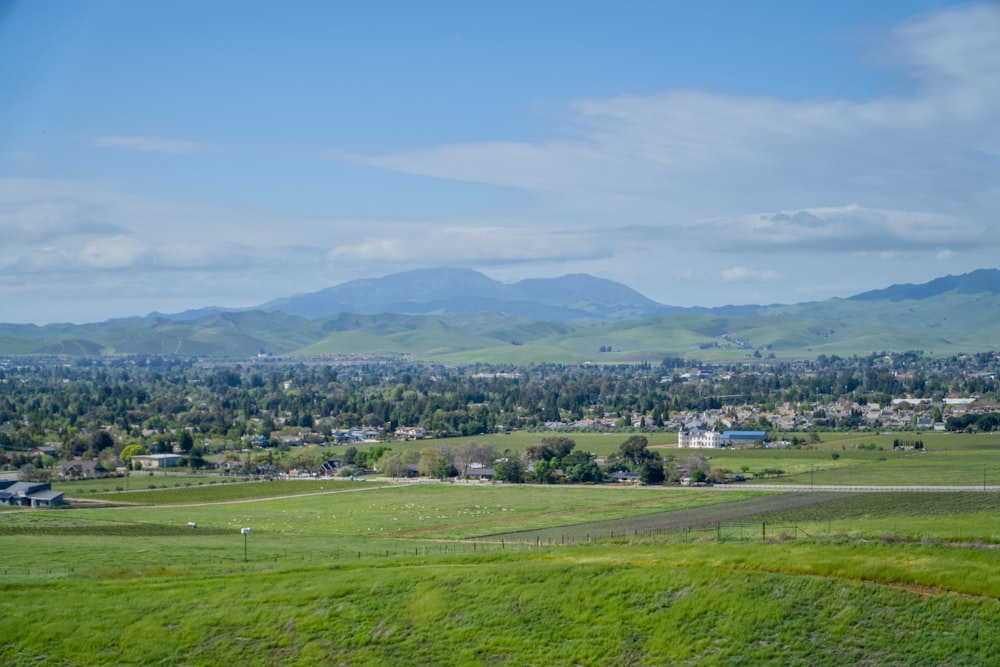 a view of a green field with mountains in the background