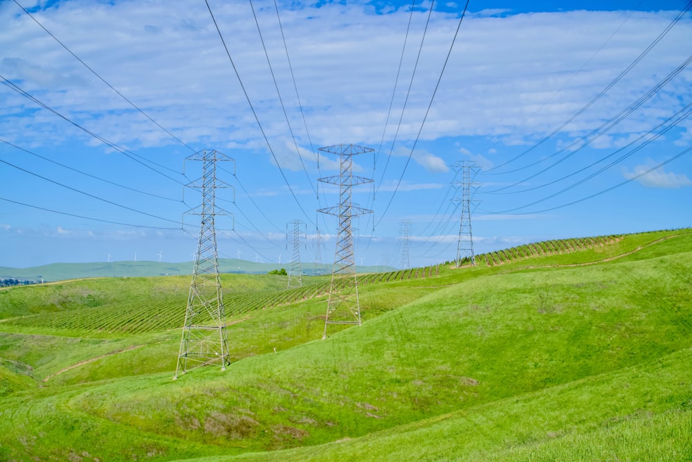 a green field with power lines in the background