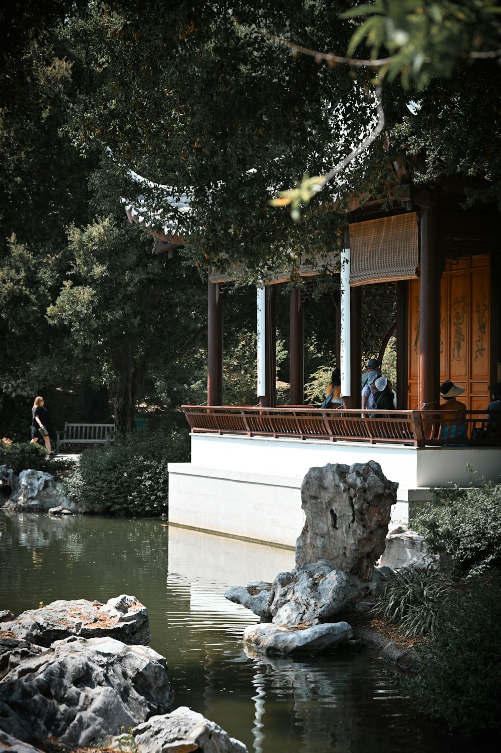 a man is sitting on a bench near a pond