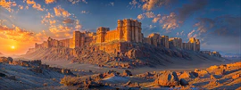 a castle in the middle of a desert at sunset