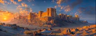 a castle in the middle of a desert at sunset