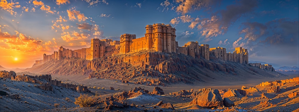a castle in the middle of a desert at sunset