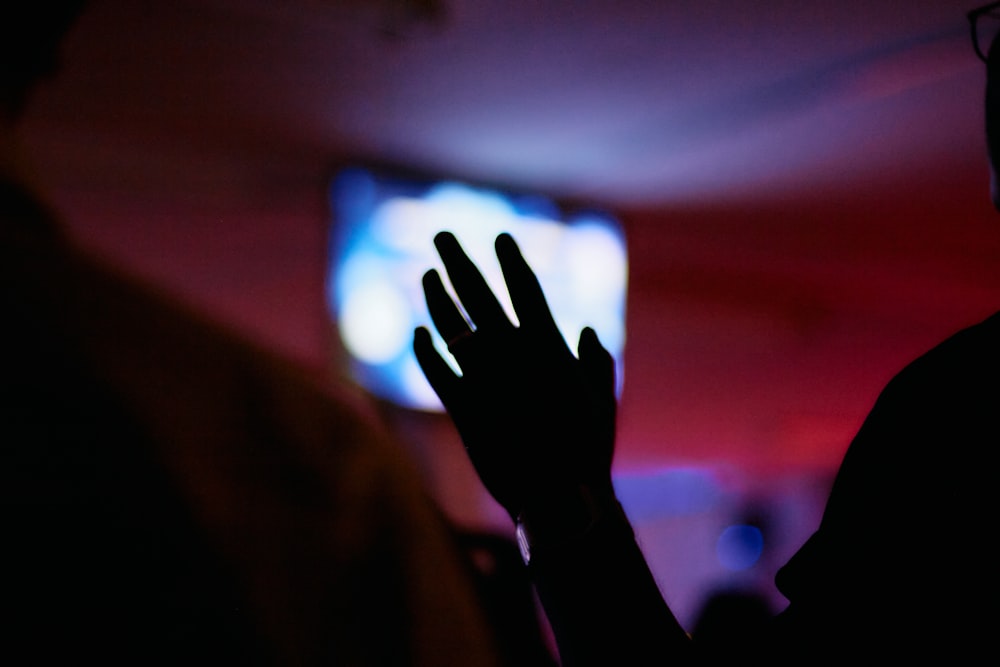 a silhouette of a person holding their hands up in front of a television