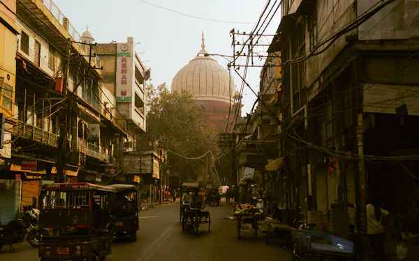 A domed city skyline at dusk