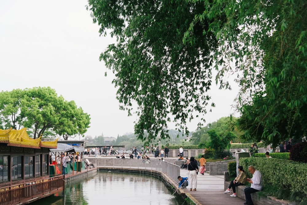 un groupe de personnes assises sur un quai à côté d’un plan d’eau