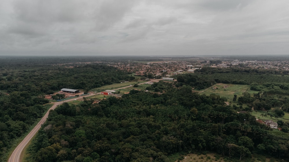 an aerial view of a rural area with lots of trees