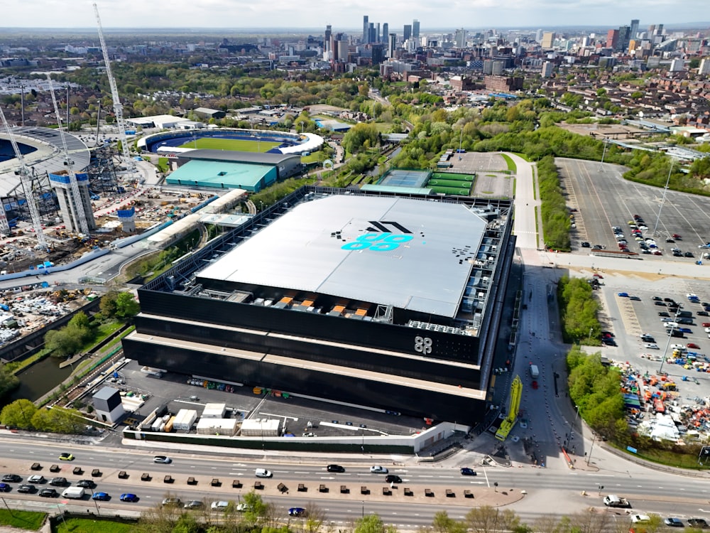 an aerial view of a large building in a city