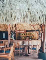 a restaurant with a thatched roof and tables and chairs