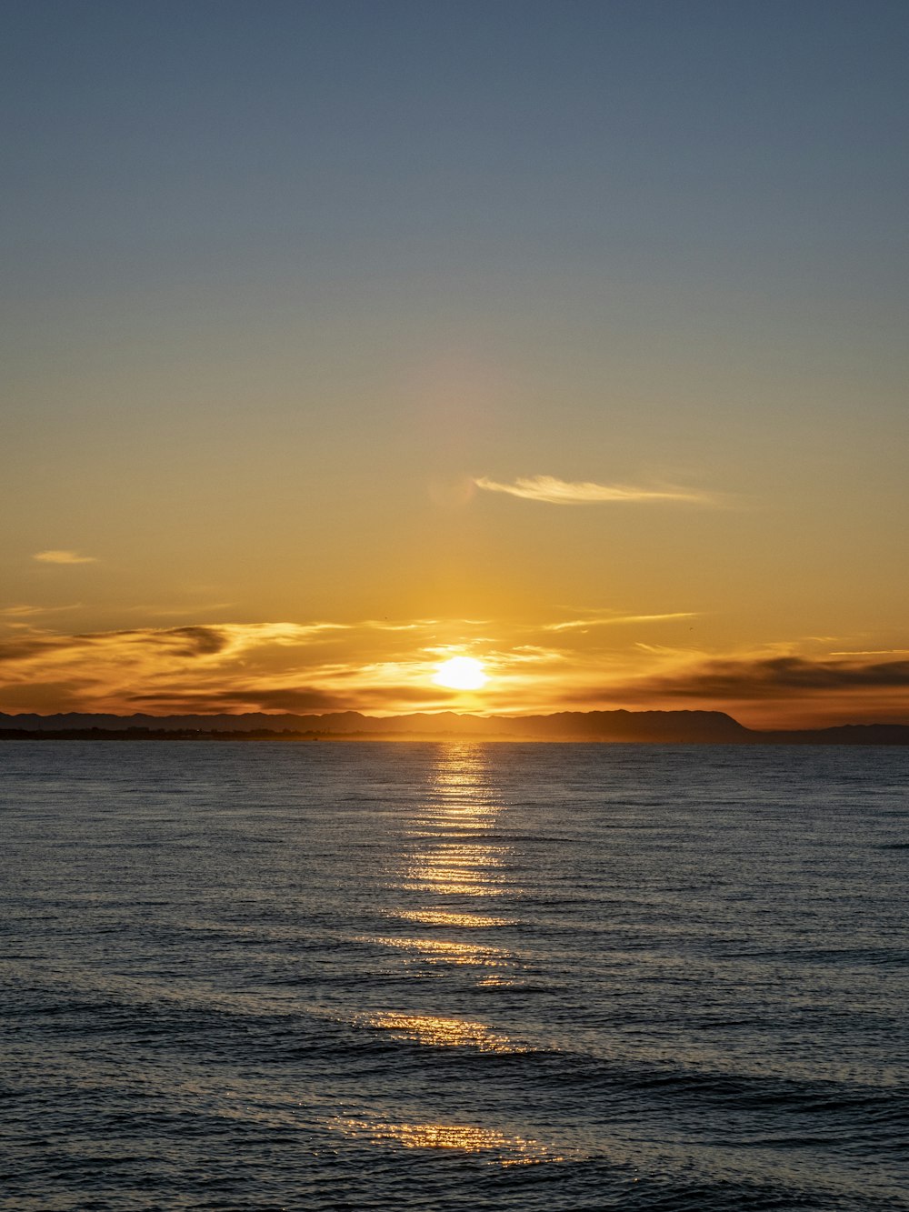 the sun is setting over the ocean on a clear day