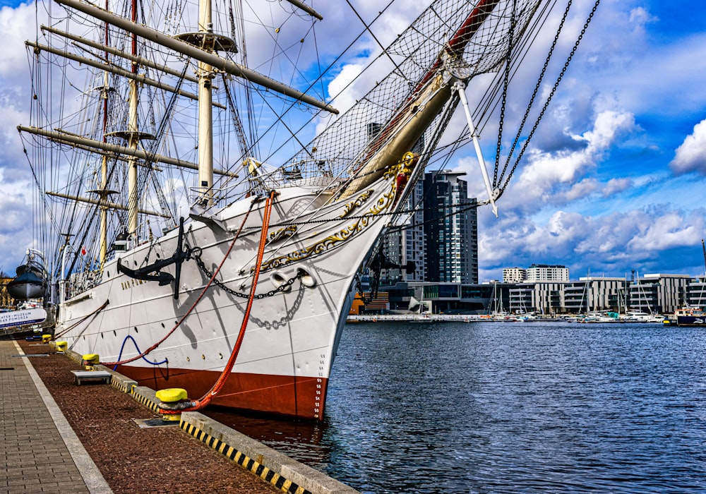 a large white ship docked in a harbor