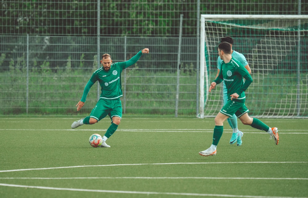 a group of young men playing a game of soccer