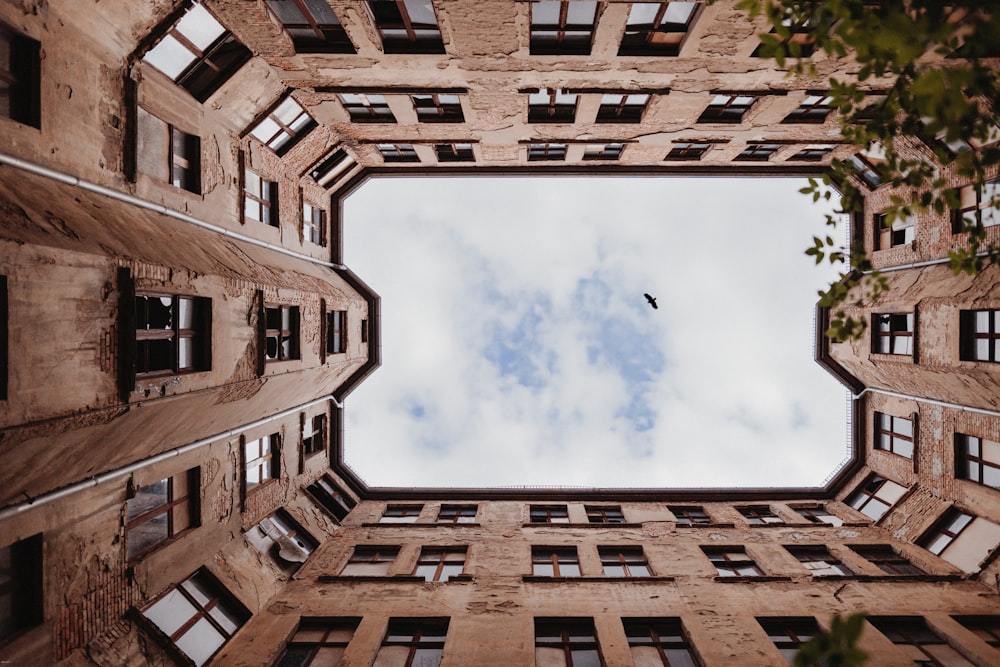 a bird flying through a very tall building