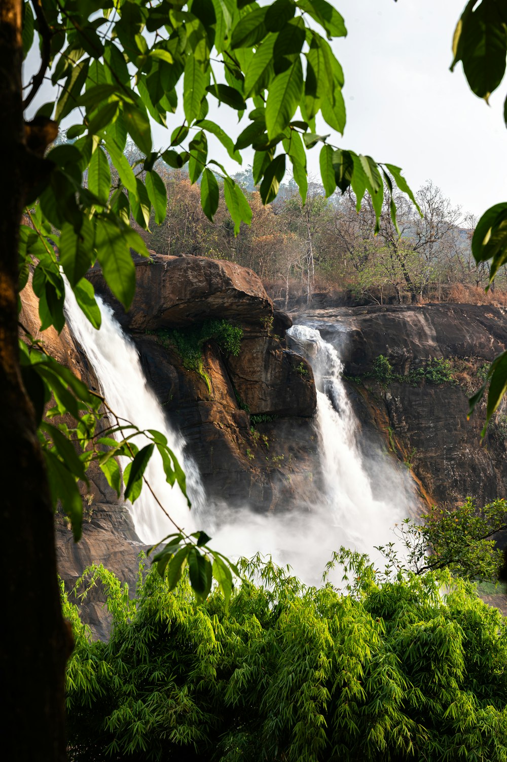 a view of a waterfall through some trees