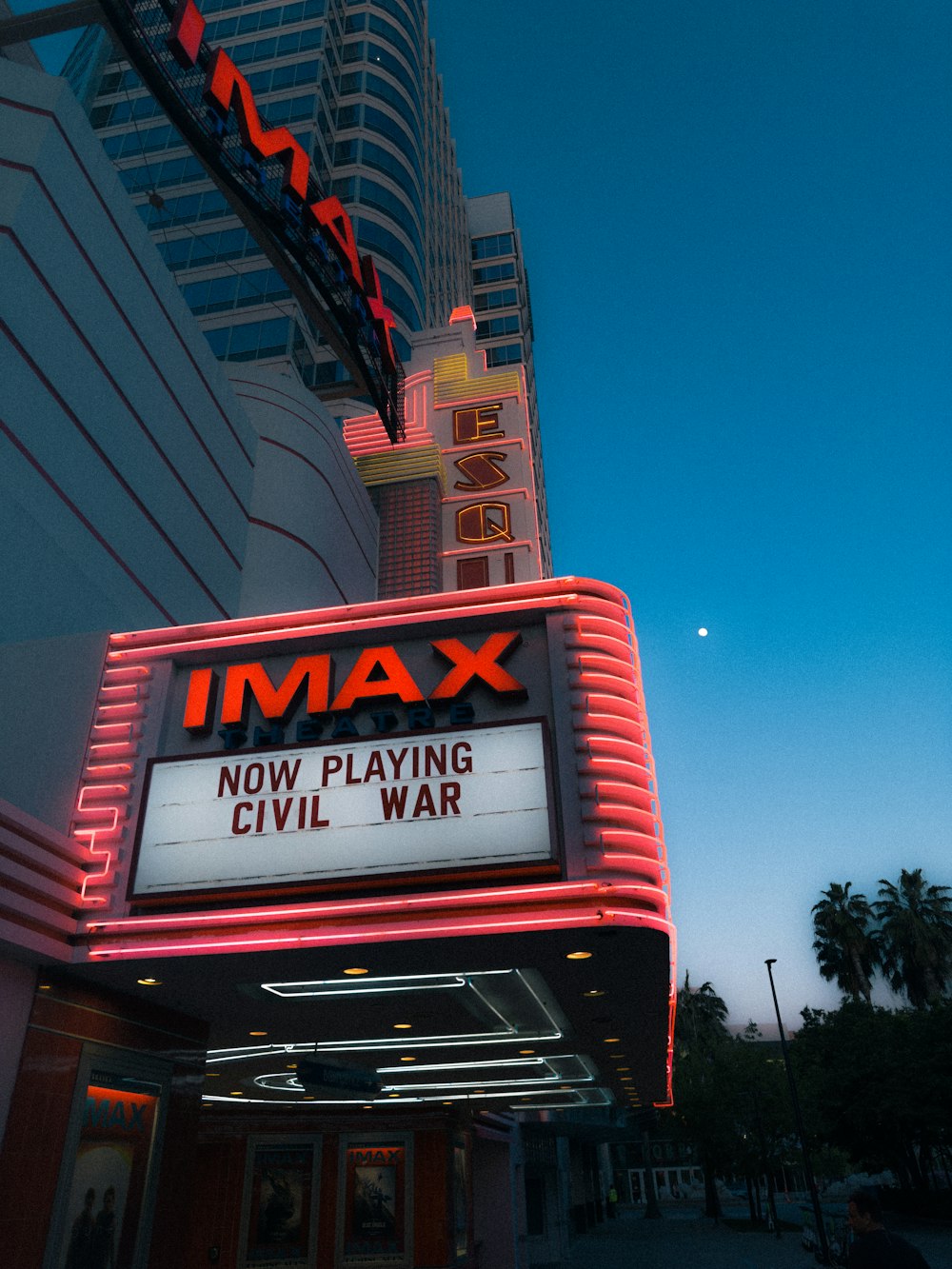 a theater marquee for imax now playing civil war