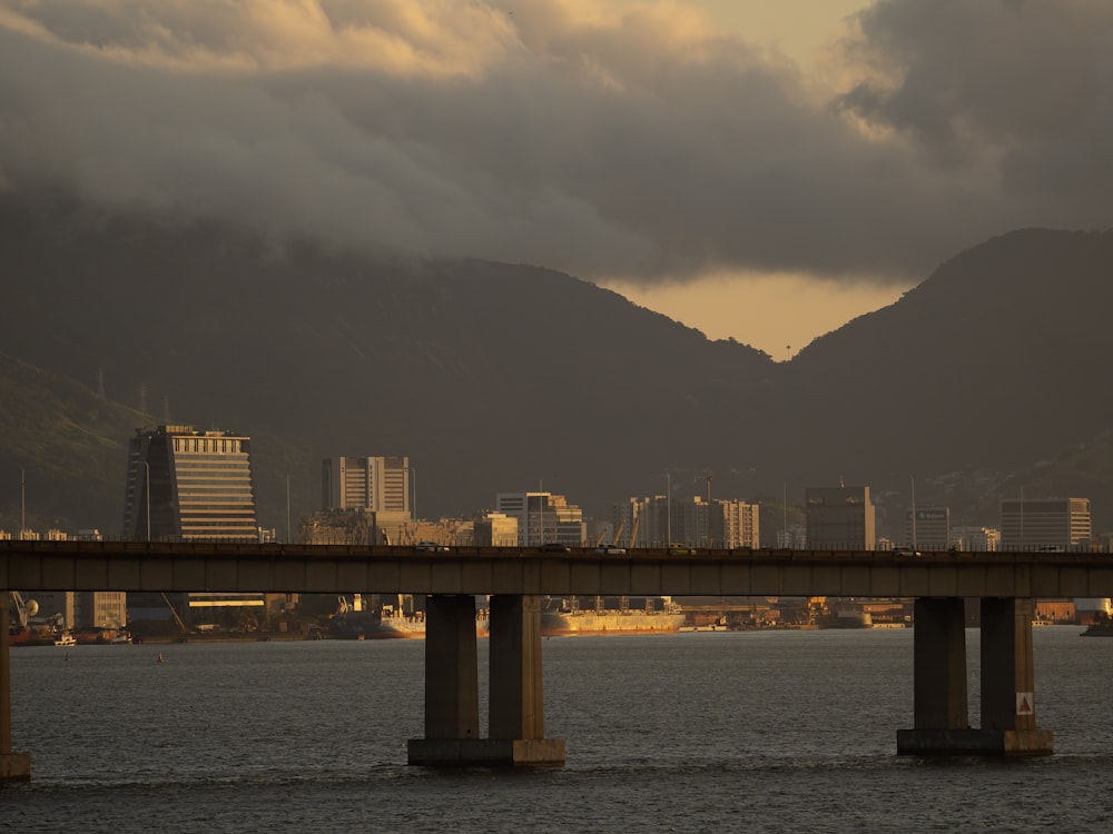 Un puente sobre un cuerpo de agua con una ciudad al fondo