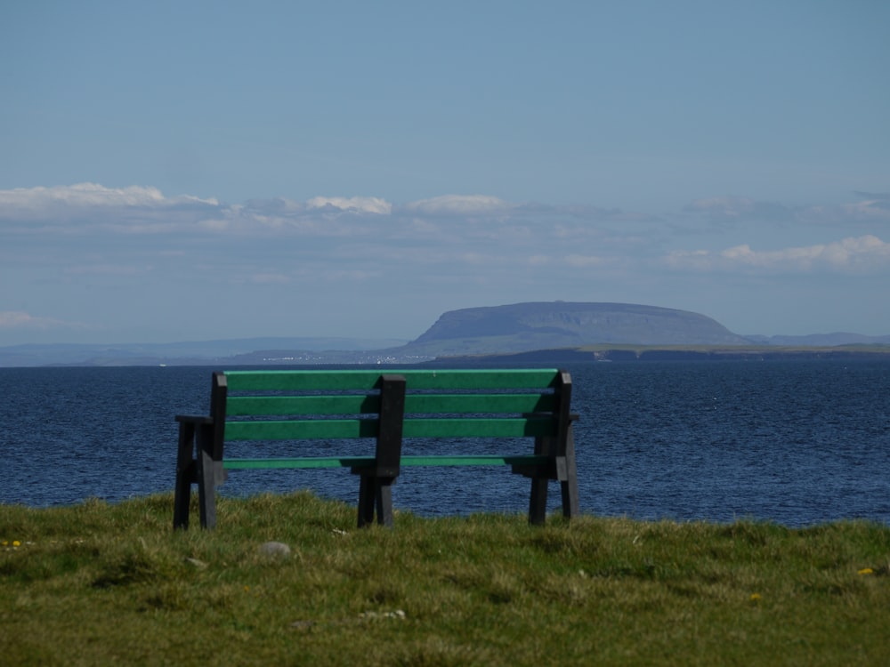 a green bench sitting on top of a lush green field