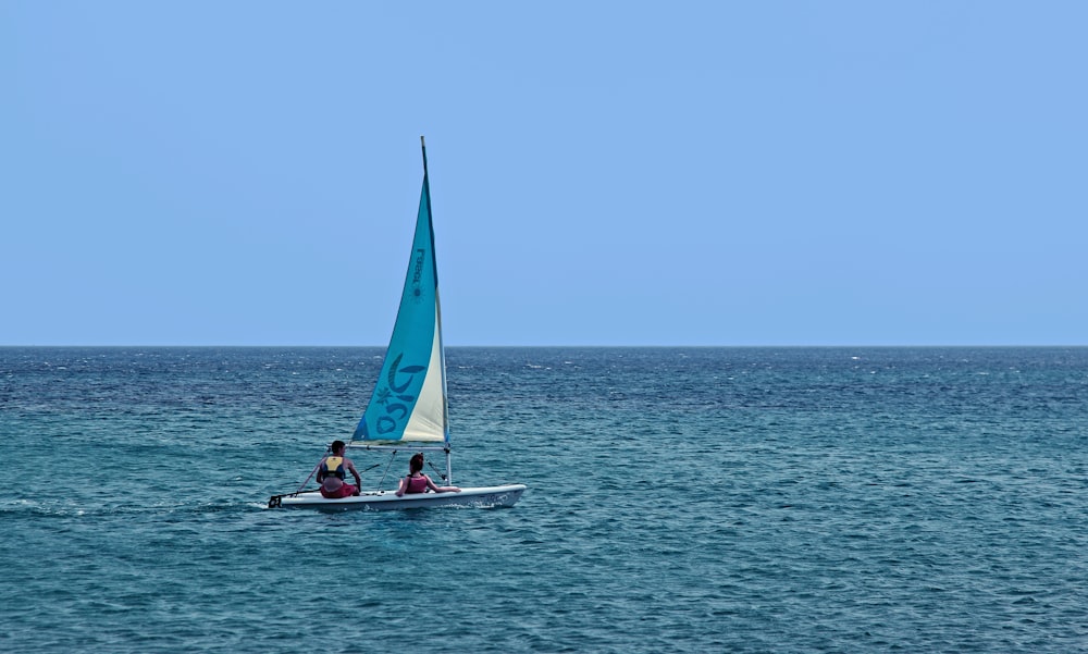 a couple of people on a small boat in the ocean