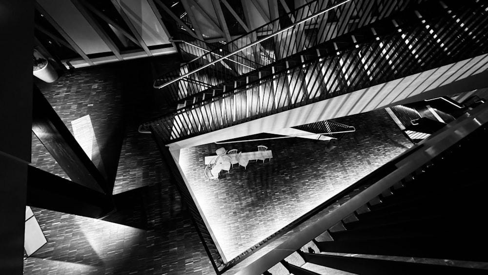 a black and white photo of a staircase