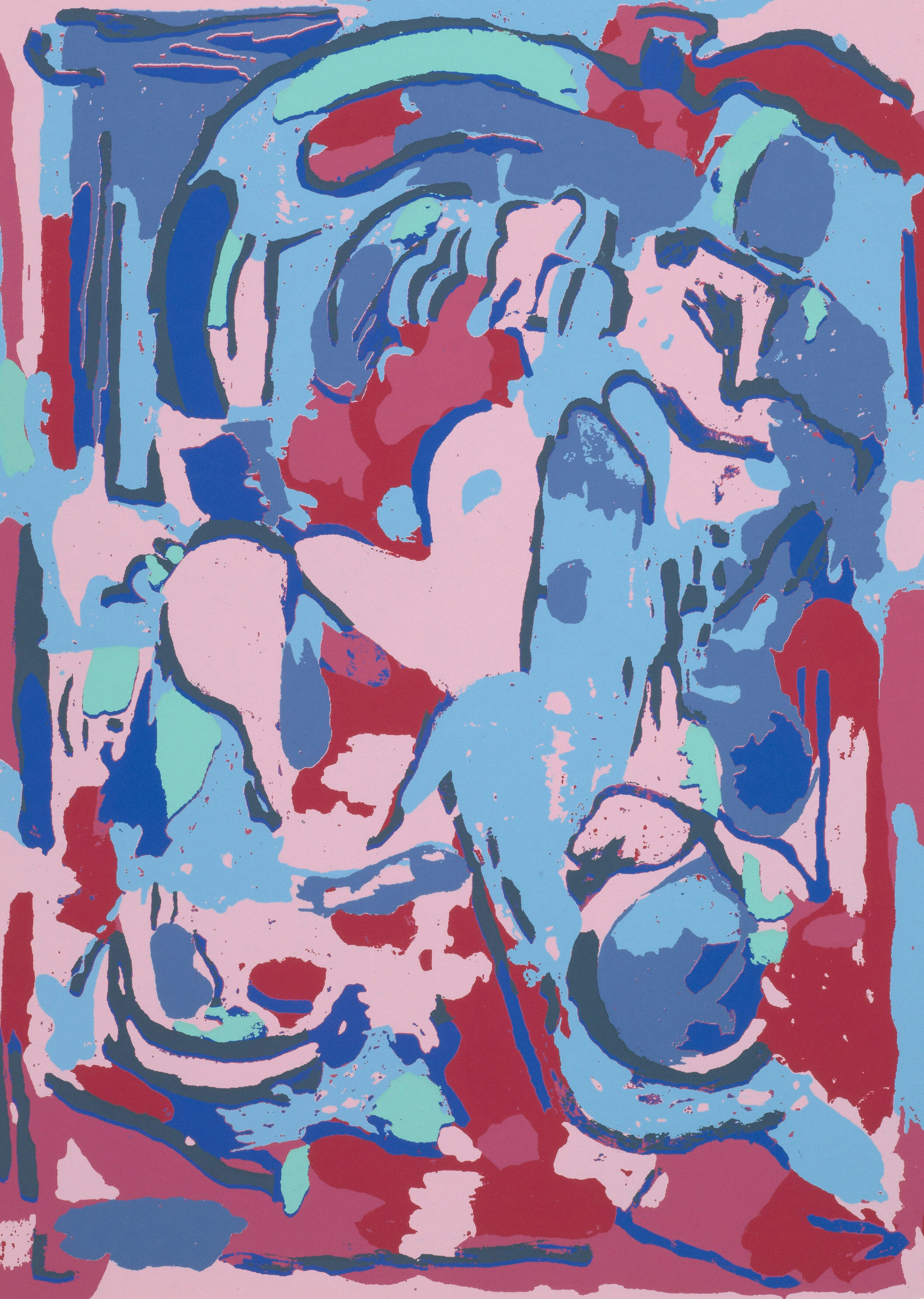 Abstract painting with pink, blue, and red colors.