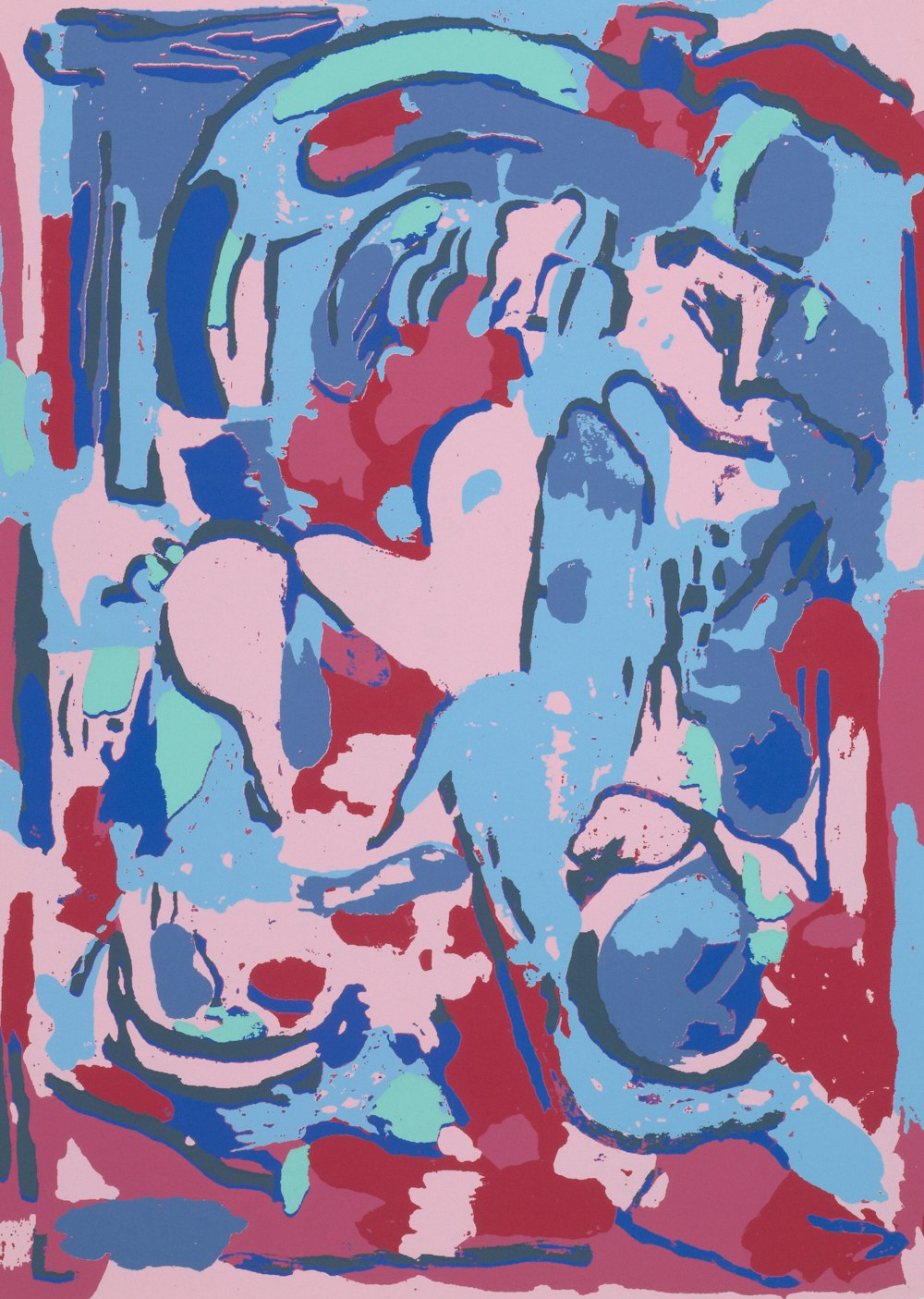 a painting of a blue and red elephant on a pink background
