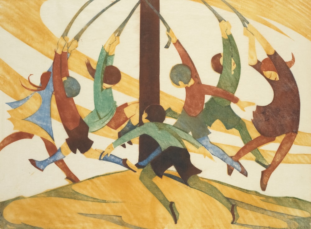 a painting of a group of people jumping in the air