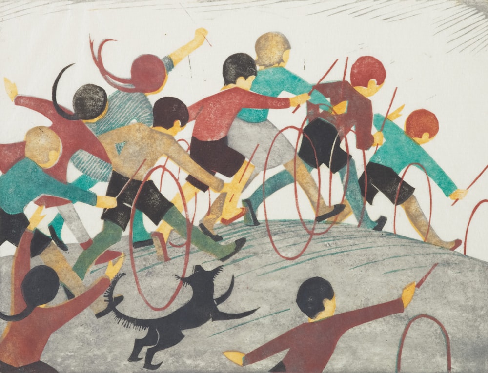 a painting of a group of people playing frisbee