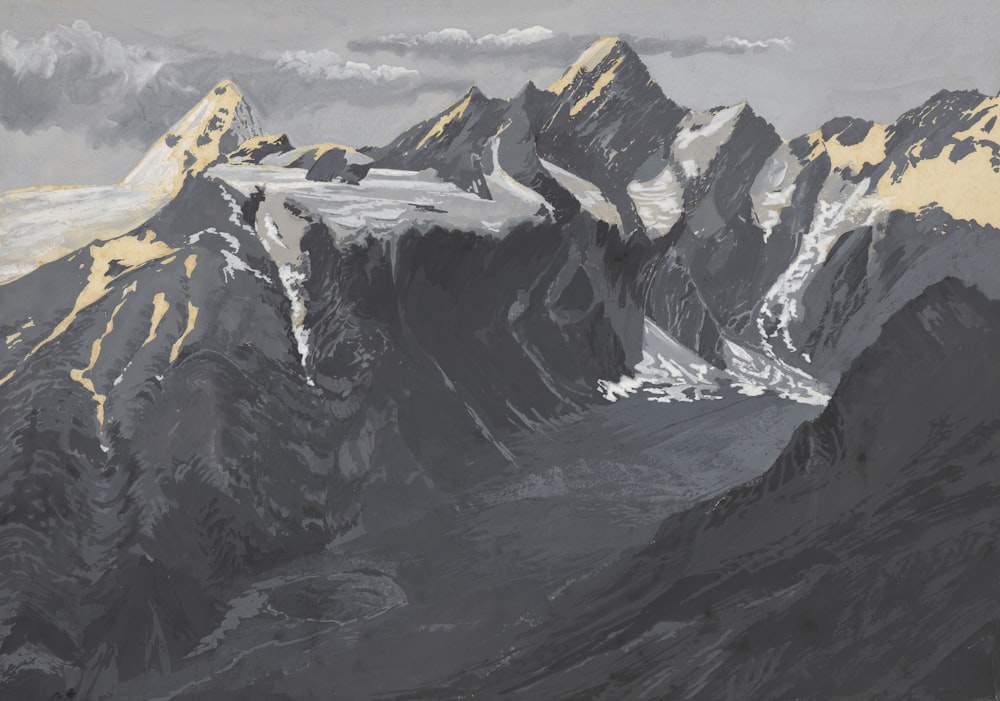 a painting of a mountain range with snow on it