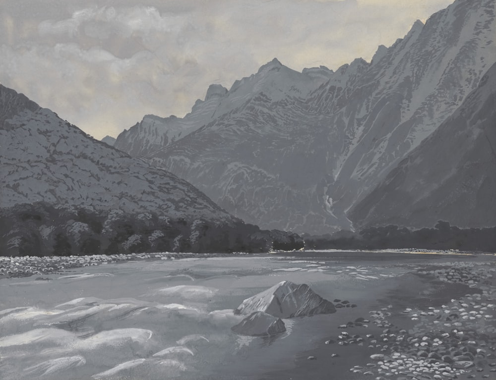 a painting of a mountain range with a river in the foreground