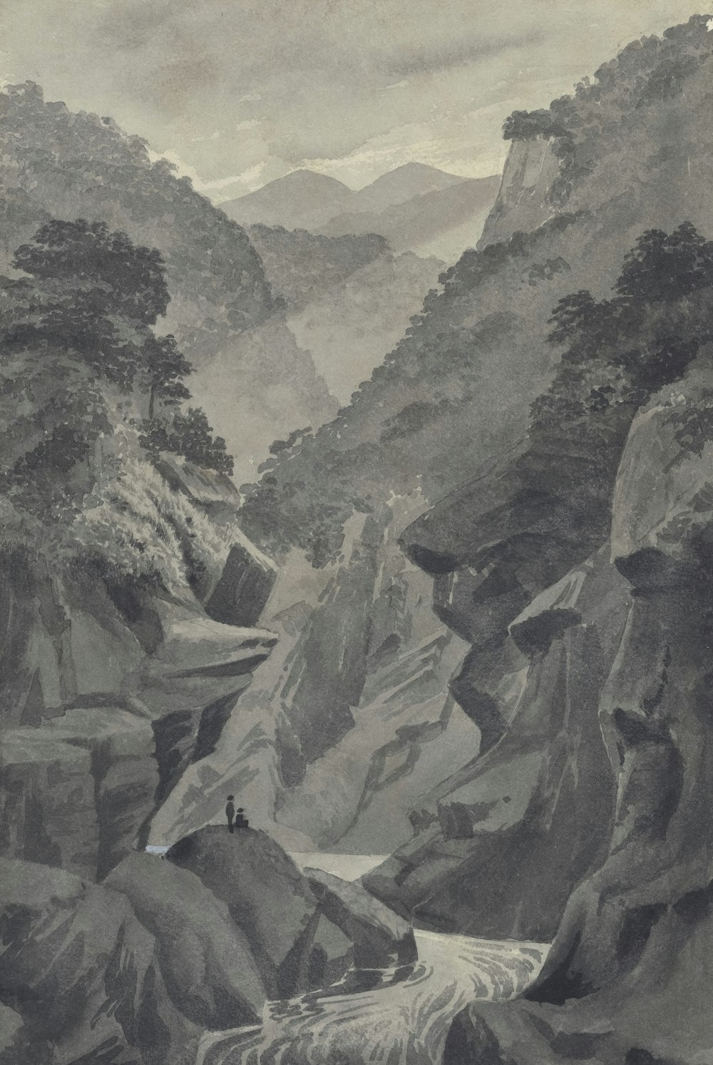 a black and white drawing of a mountain stream