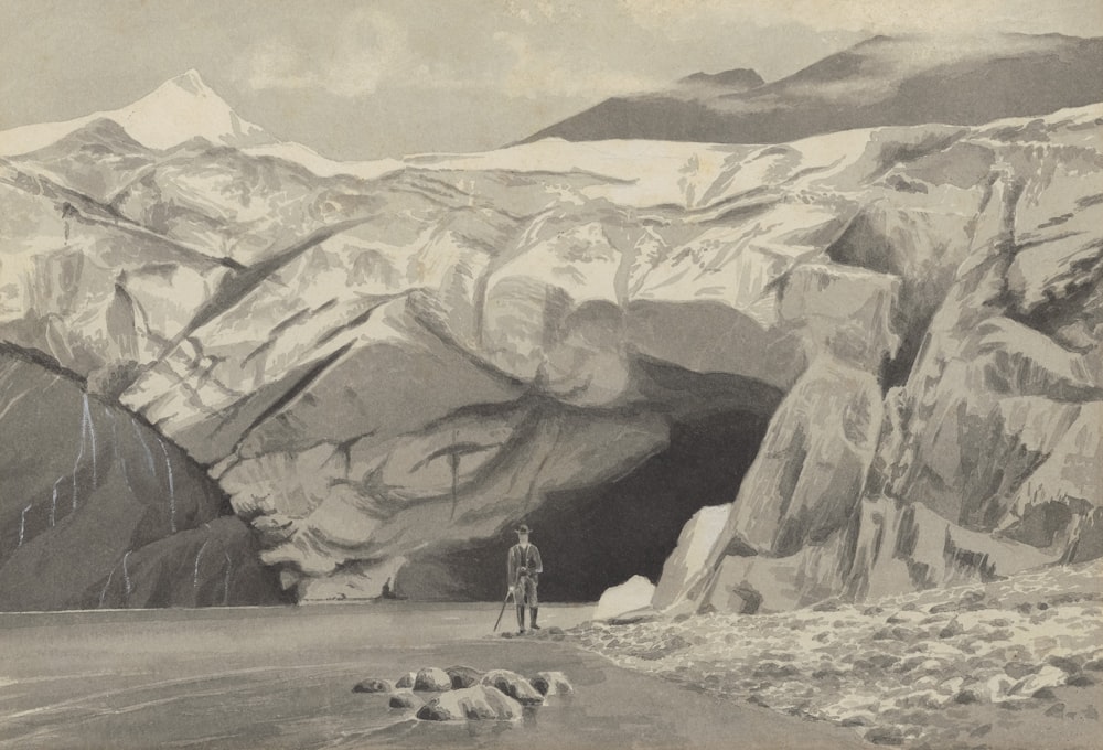 a drawing of a man standing in front of a cave