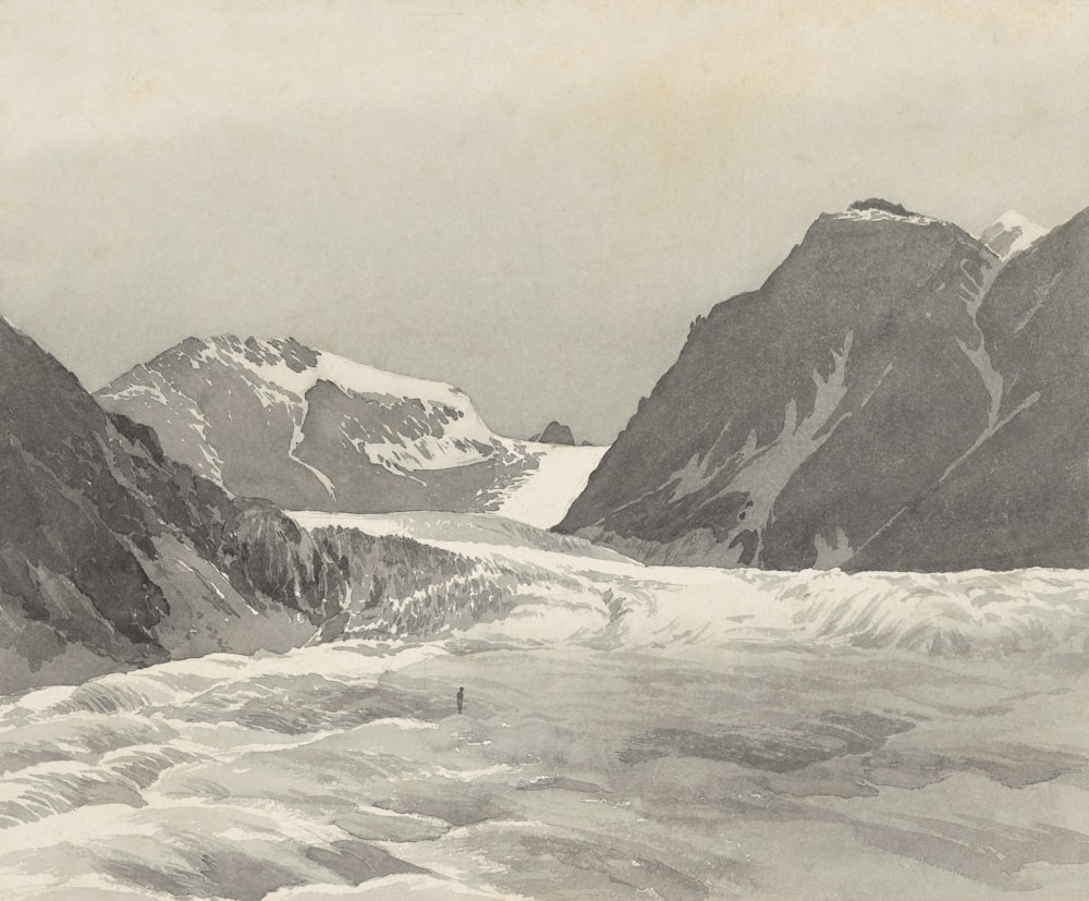 a black and white photo of a mountain range