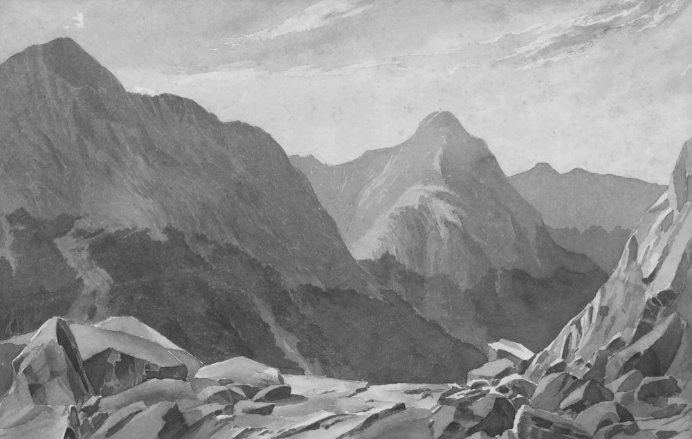 a black and white drawing of a mountain range