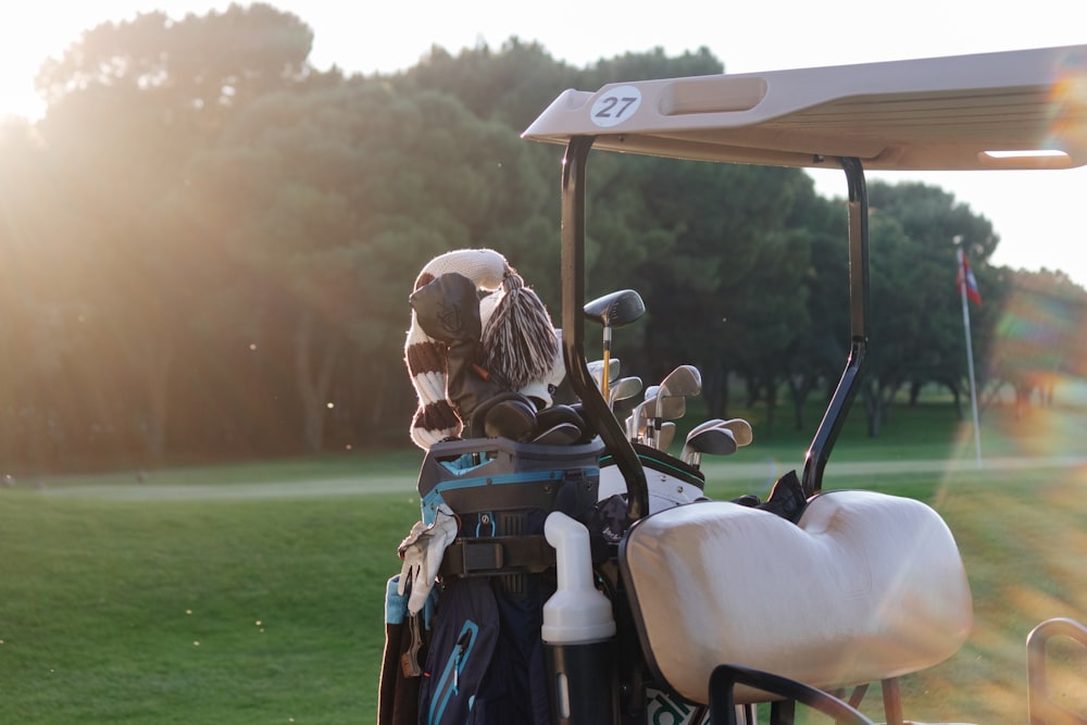 um carrinho de golfe com um saco de tacos de golfe