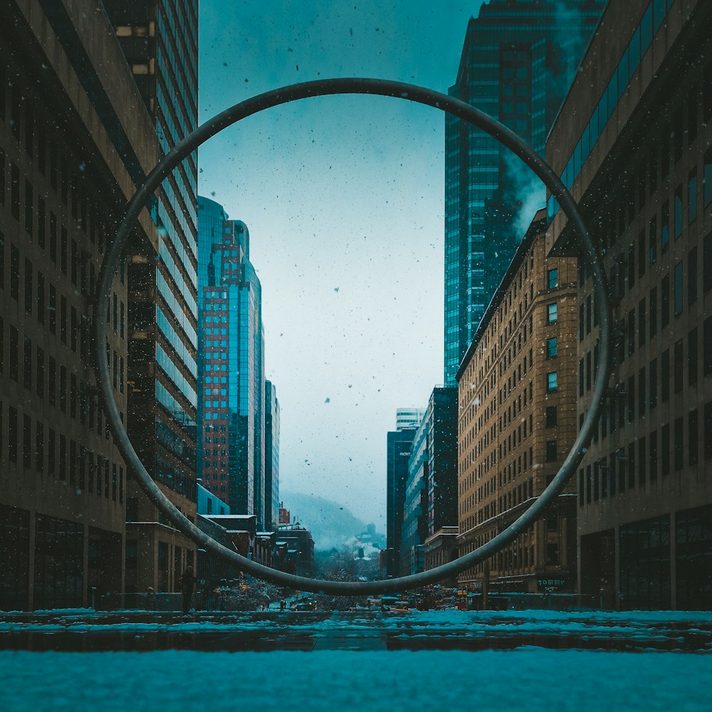 a circular object in the middle of a city street
