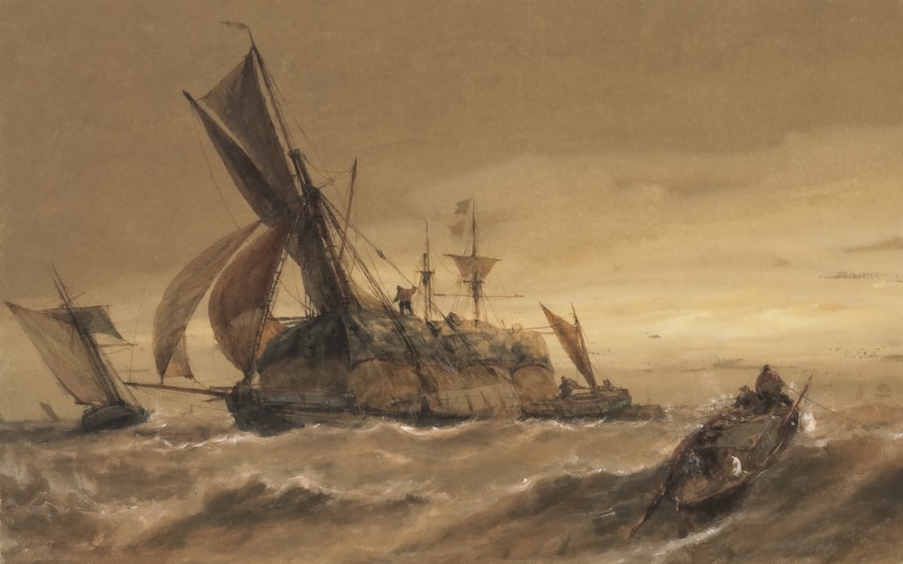 uma pintura de um barco em um corpo de água