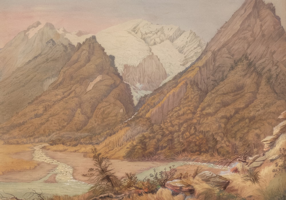 a painting of a mountain range with a river running through it