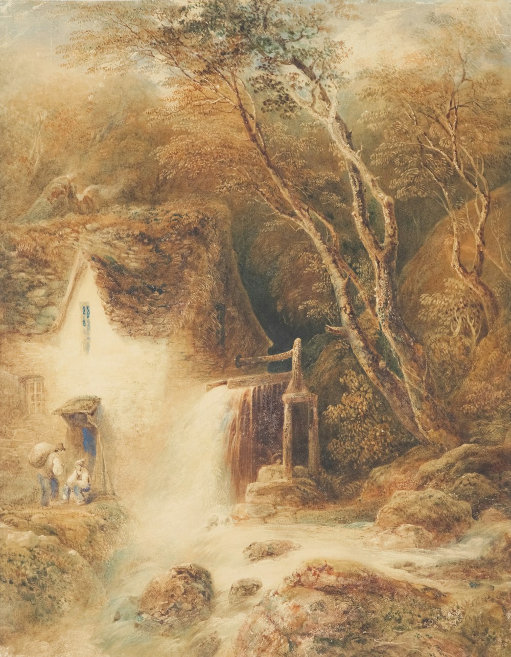 a painting of a man and a woman by a waterfall
