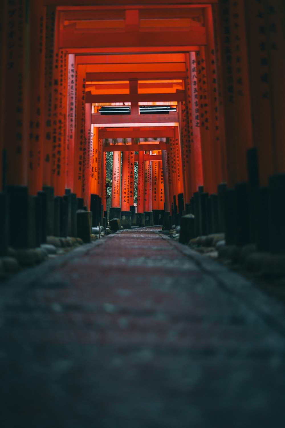 a walkway lined with red lights leading into the distance