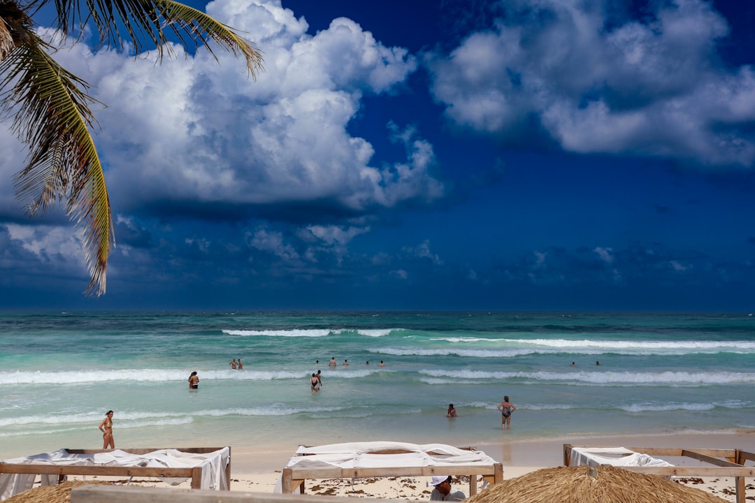 a sandy beach with people swimming in the ocean,